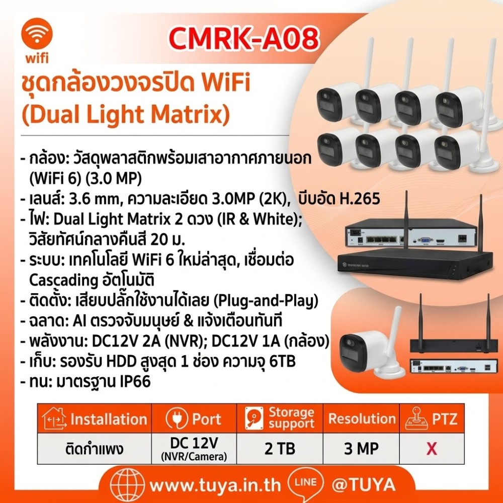CMRK-A08 ชุดกล้องวงจรปิดแบบมีสาย 8 ตัว POE พร้อม NVR สีดำ 3MP H.265 1080P DC12V