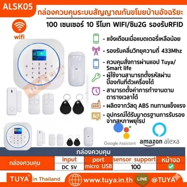 ALSK05 กล่องควบคุมสัญญาณกันขโมยอัฉริยะ WIFI รองรับการเชื่อมต่อ 100เซ็นเซอร์ 10รีโมท  รองรับซิมการ์ด แจ้งเตือนผ่านแอพ รองรับสั่งงานด้วยเสียง เมนูใช้งานง่าย