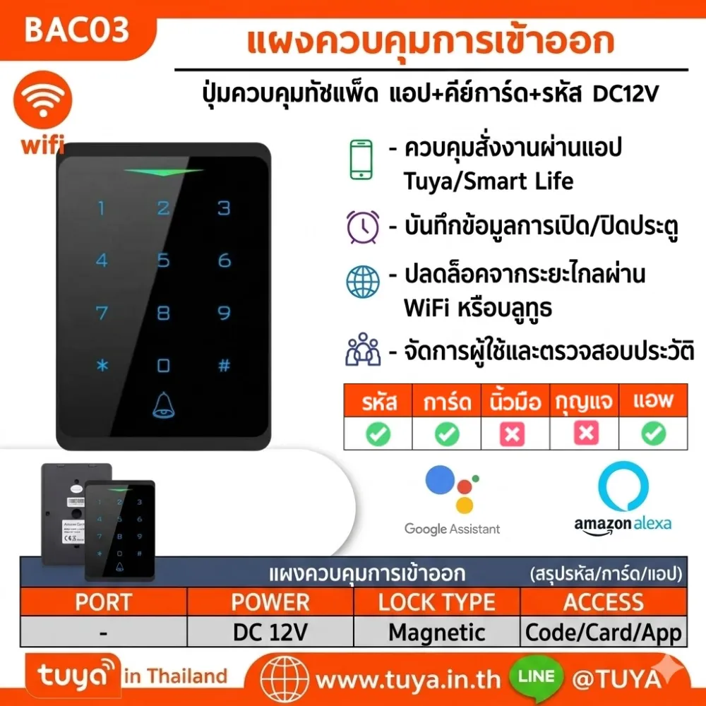 BAC03 แผงควบคุมการเข้าออกอาคาร WiFi ปุ่มควบคุมทัชแพ็ด แอป+คีย์การ์ด+รหัส DC12V