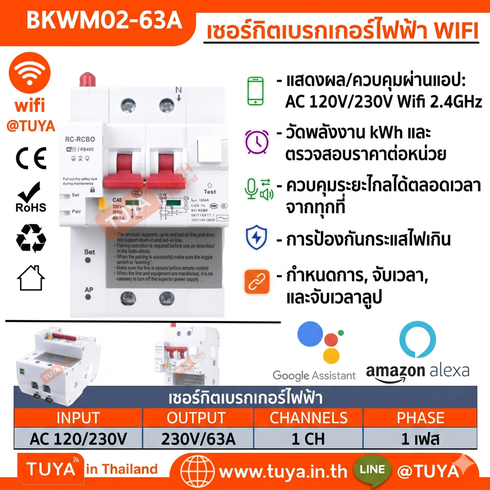 BKWM02-63A เซอร์กิตเบรคเกอร์ไฟฟ้า สั่งงานและแสดงผลผ่านแอปพลิเคชั่น AC 120V/230V Wifi 2.4GHz IP20