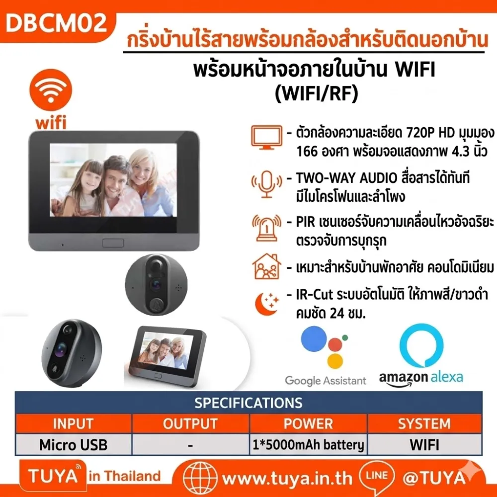 DBCM02 กริ่งบ้านไร้สายพร้อมกล้อง สำหรับติดนอกบ้าน พร้อมหน้าจอภายในบ้าน WIFI