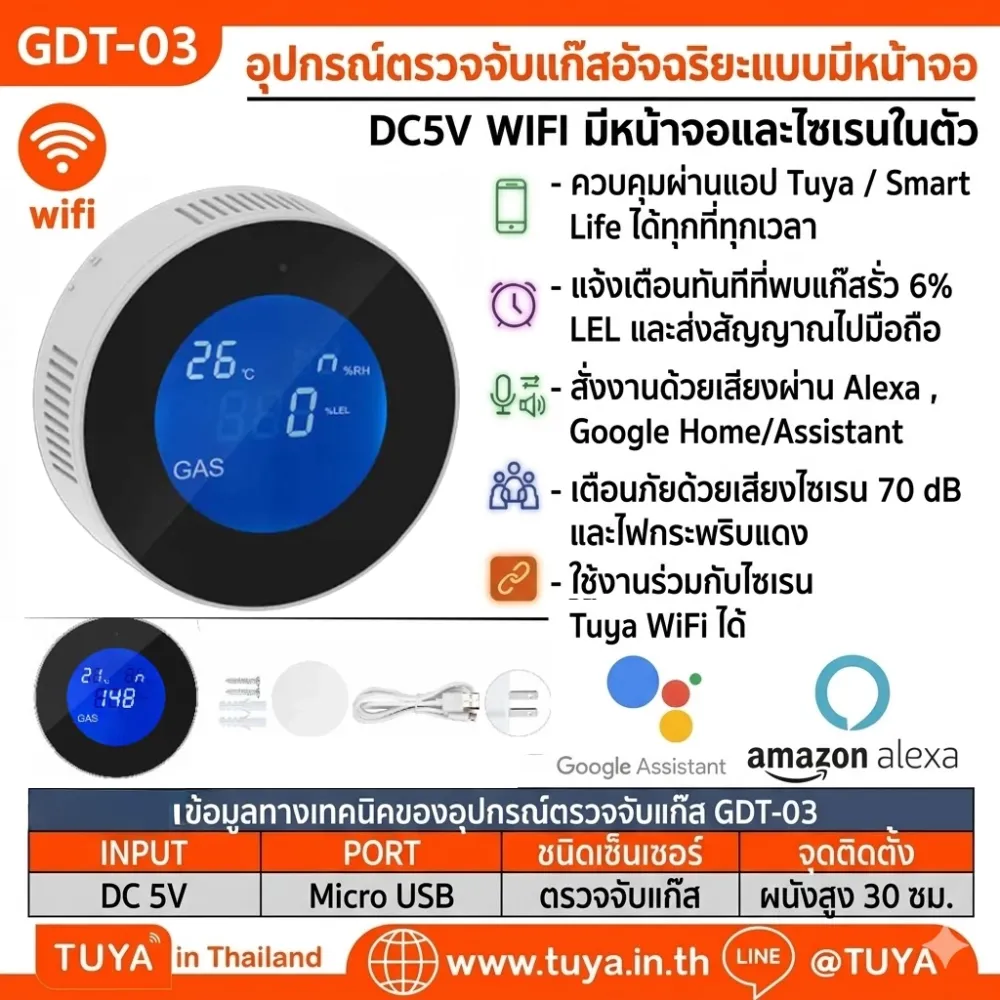 GDT-03 อุปกรณ์ตรวจจับแก็สรั่ว DC5V WIFI แบบมีหน้าจอแสดงผลและมีไซเรนในตัว