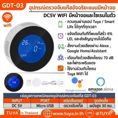 GDT-03 อุปกรณ์ตรวจจับแก็สรั่ว DC5V WIFI แบบมีหน้าจอแสดงผลและมีไซเรนในตัว
