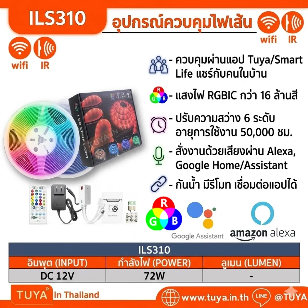 ILS310 อุปกรณ์ควบคุมไฟเส้น LED Strip แบบสี RGB พร้อมเส้นไฟยาว 10 เมตร IR/WIFI DC12V