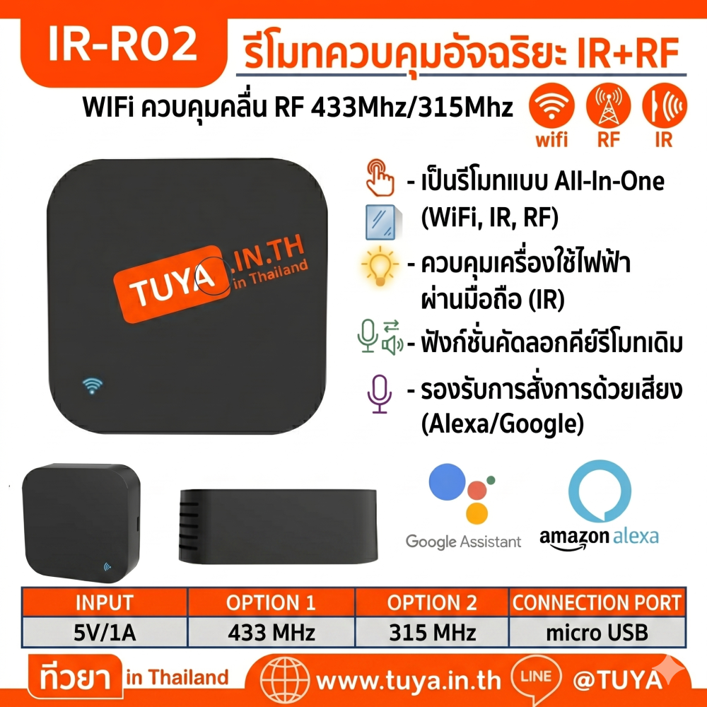 IR-R02 รีโมทควบคุมอัจฉริยะ  WIFI ควบคุมคลื่น RF 433Mhz/315Mhz สามารถทำงานได้อย่างอิสระไม่ต้องเชื่อมต่อระบบควบคุม