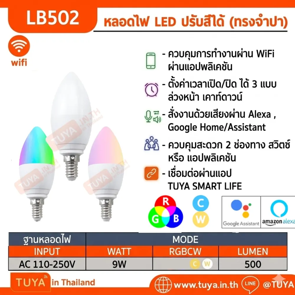 LB502 หลอดไฟ LED ปรับสีได้ (ทรงจำปา) ขนาดE14 WIFI RGBCW 5W 110-250V