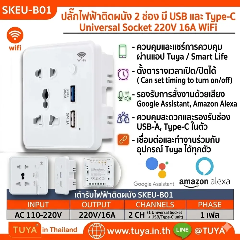 SKEU-B01 เต้าปลั๊กไฟหน้าเป็นกระจก สีขาว แบบมีปุ่มกดเปิดปิด มี USB-A (EU) จตุรัส WIFI 220V 10A