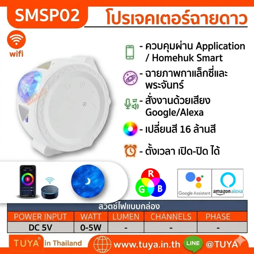 SMSP02 โปรเจคเตอร์ฉายดาวหลอดไฟ LED RGB มีแสงสี+เพลง+เลเซอร์ ดวงจันทร์ WiFi DC5V 2-10m