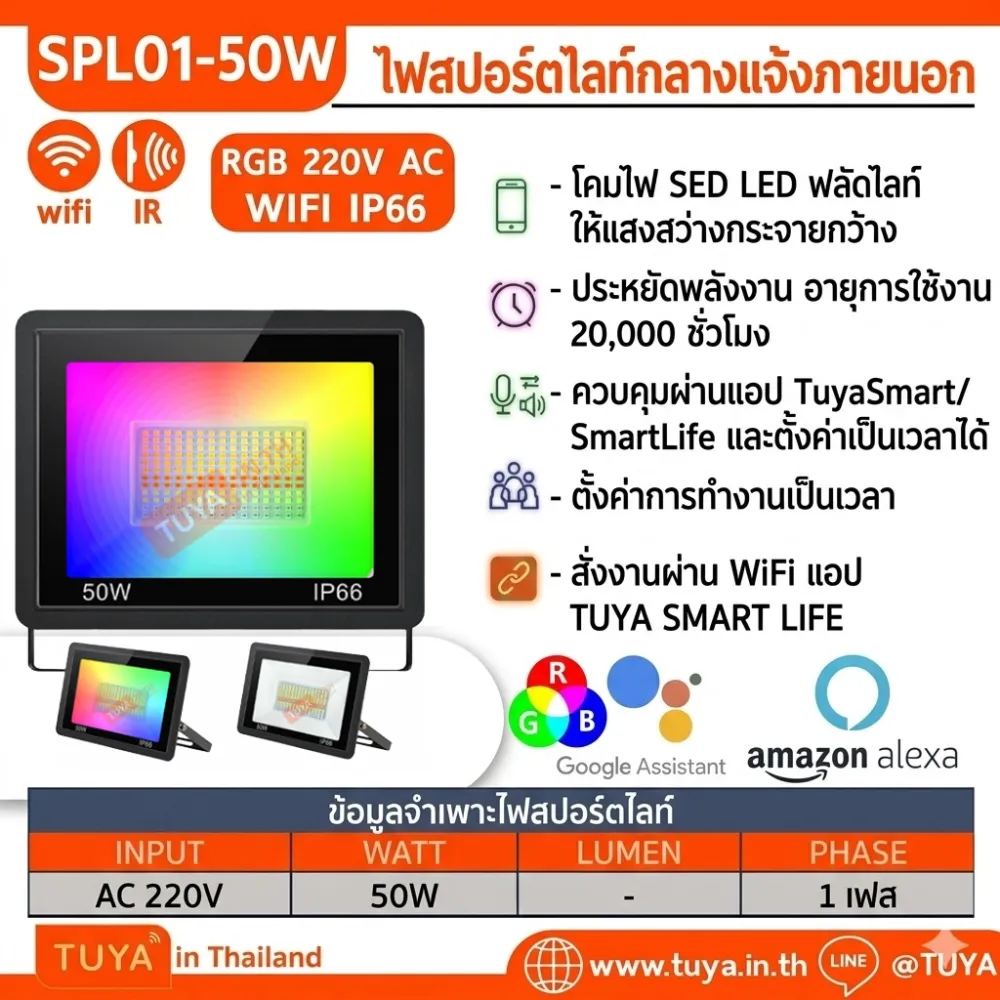 SPL01-50W ไฟสปอร์ตไลต์กลางแจ้งภายนอก สั่งผ่านแอพพลิเคชั่น 50W RGB 220V AC WIFI IP66