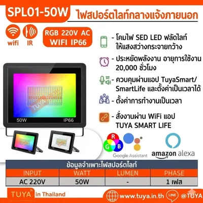 SPL01-50W ไฟสปอร์ตไลต์กลางแจ้งภายนอก สั่งผ่านแอพพลิเคชั่น 50W RGB 220V AC WIFI IP66