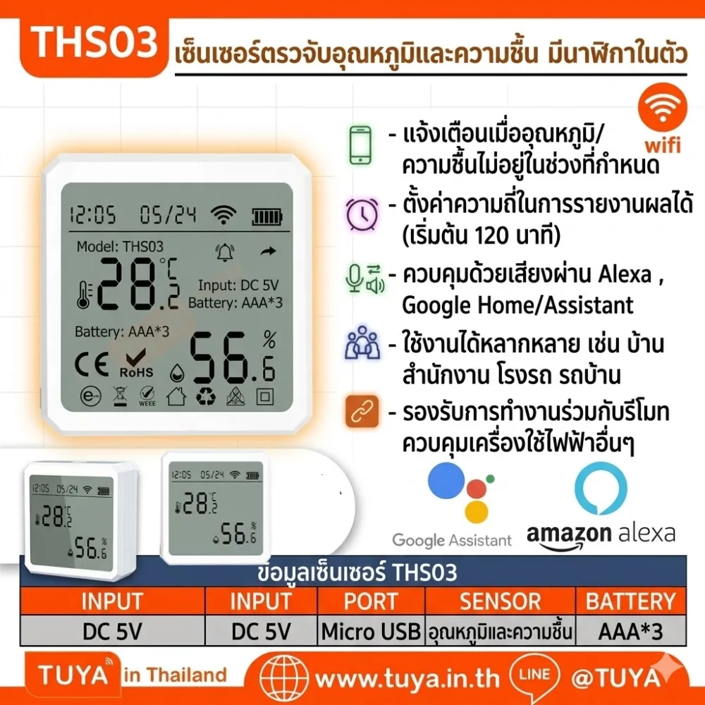 THS03 เซ็นเซอร์ตรวจจับอุณหภูมิและความชื้นแบบมีหน้าจอแสดงผล WIFI มีนาฬิกาในตัว AAA*3