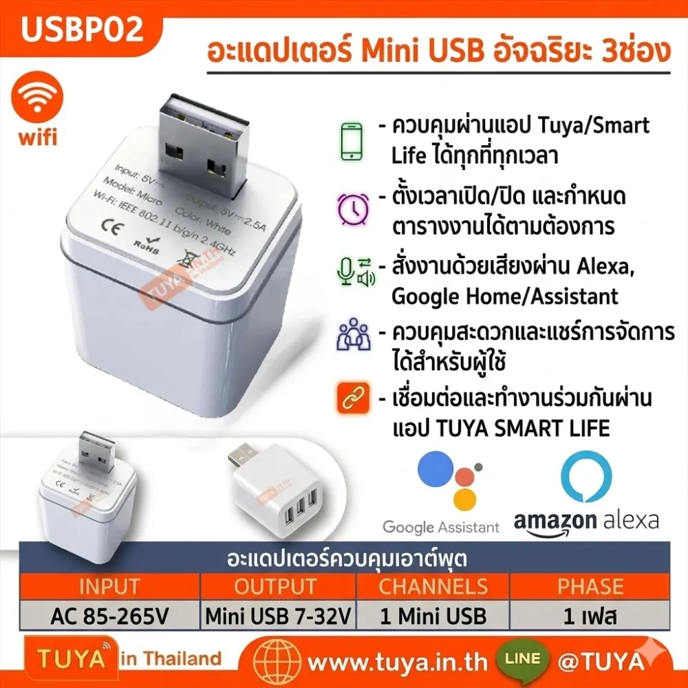 USBP02  Adapter 3 USB WiFi เต้าปลั๊ก 3ช่อง สั่งผ่านแอปพิเคชั่น Output 5V-12V 2.5A