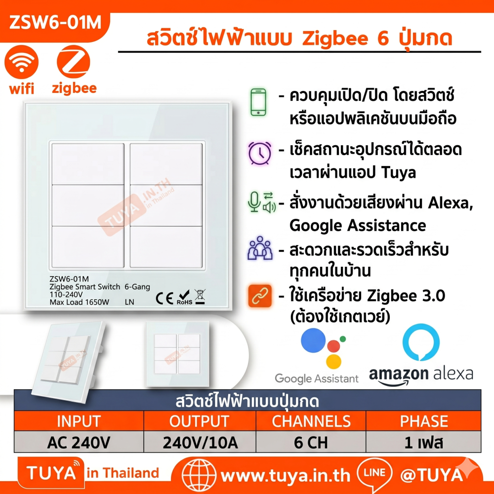 ZSW6-01M  สสวิตช์ไฟฟ้าแบบ Zigbee 6 ปุ่มกด สีขาว 110V~240V 1650W LN (WiFi)