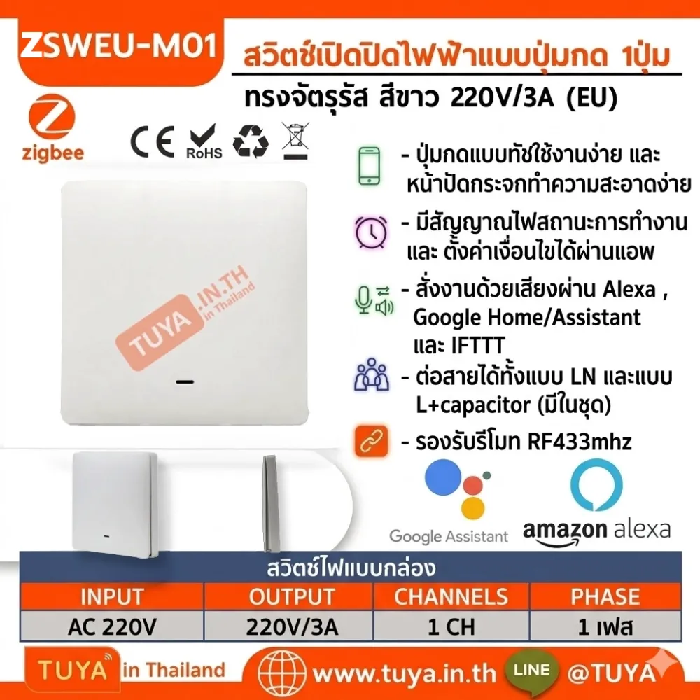 ZSWEU-M01 สวิตซ์ไฟฟ้า ขนาดEU แบบปุ่มกด 1ปุ่มกด LL LN สีขาว Zigbee (EU)