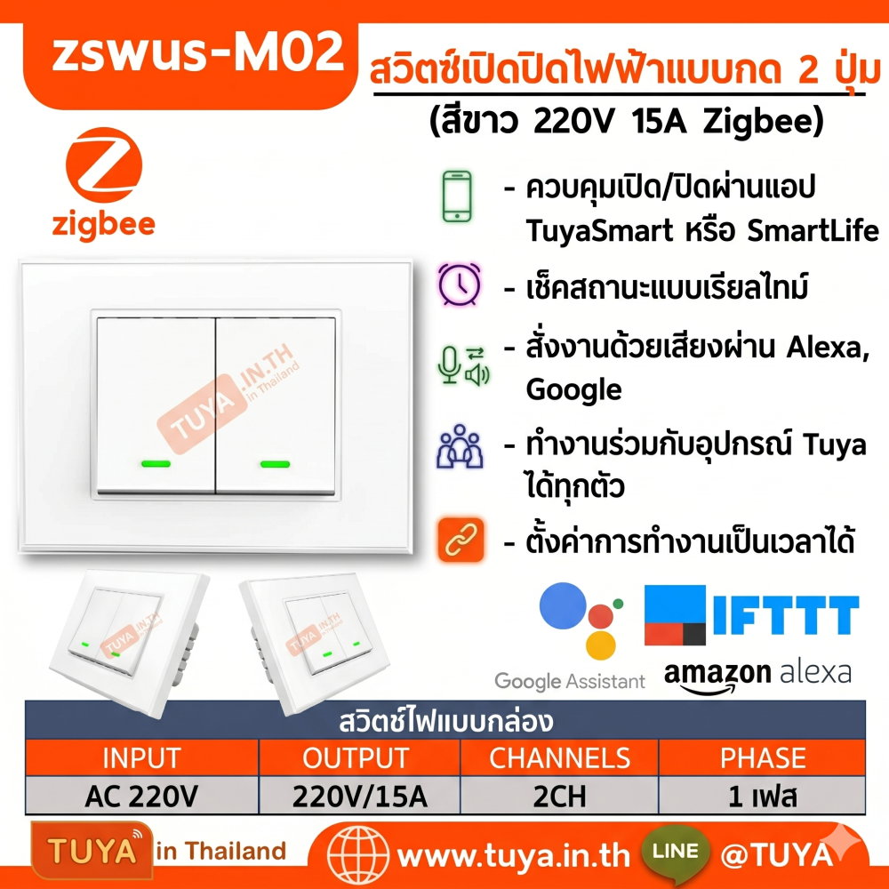 ZSWUS-M02 สวิตซ์เปิดปิดไฟฟ้าแบบปุ่มกด 2ปุ่ม ขนาดUS สีขาว Zigbee LL
