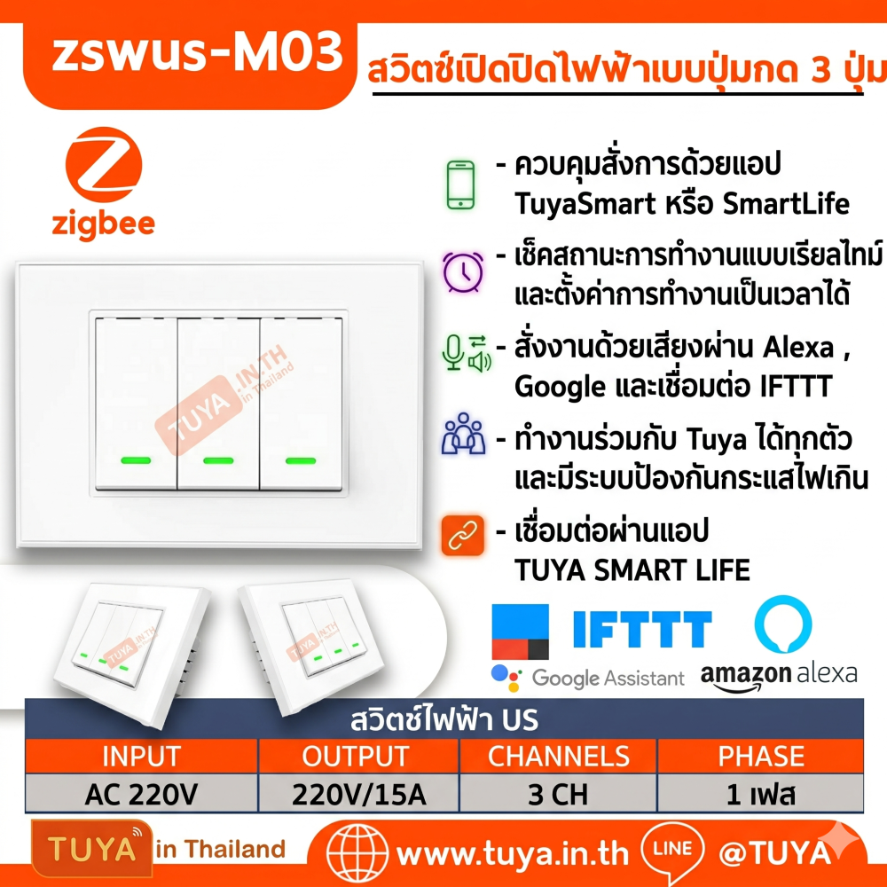 ZSWUS-M03 สวิตซ์เปิดปิดไฟฟ้าแบบปุ่มกด 3ปุ่ม ขนาดUS สีขาว Zigbee LL