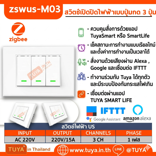 ZSWUS-M03 สวิตซ์เปิดปิดไฟฟ้าแบบปุ่มกด 3ปุ่ม ขนาดUS สีขาว Zigbee LL