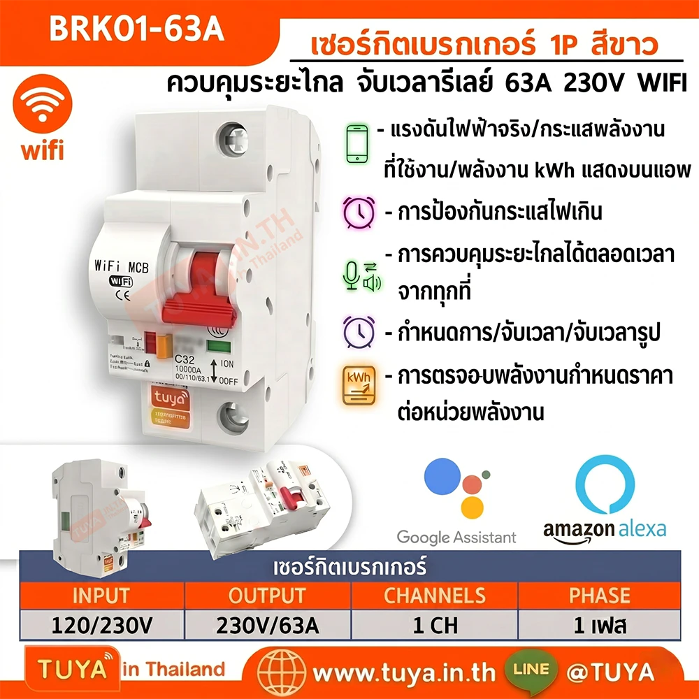 BRK01-63A เซอร์กิตเบรคเกอร์ไฟฟ้า WIFI 1สวิตซ์ 63A 230V